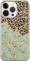 iPhone 13 Pro hoesje siliconen - Luipaard bloemen print - Soft Case Telefoonhoesje - Luipaardprint - Transparant, Groen