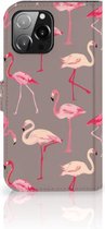 Hoesje met naam Geschikt voor iPhone 13 Pro Max Wallet Book Case Flamingo