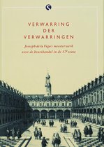 Boek "Verwarring der verwarringen" van Josseph de la Vega over de beurshandel in de 17e eeuw, met een gravure van een plein met gebouwen en mensen.