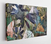 Kunst grafisch en aquarel herfst kleurrijke achtergrond met schetsen van bladeren en bloemen in blauwe, oud goud, groene en zwarte kleuren - Modern Art Canvas - Horizontaal - 11593