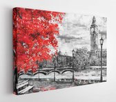 Olieverf op doek, Londense straat. Kunstwerk. Big Ben en Rode Boom. Engeland. Brug en Rivier - Modern Art Canvas - Horizontaal - 632741123 - 50*40 Horizontal