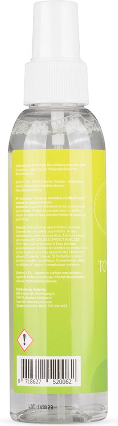 Arrière d'une bouteille EasyGlide Toycleaner avec informations produit multilingues, code-barres et symbole d'avertissement sur une étiquette verte.