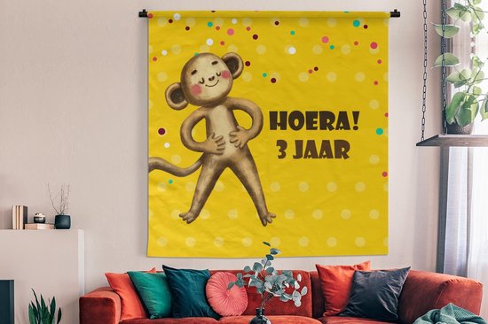 Tapisserie murale - Toile murale - Anniversaire enfant - 3 ans - Peluche - 180x180 cm - Tapisserie