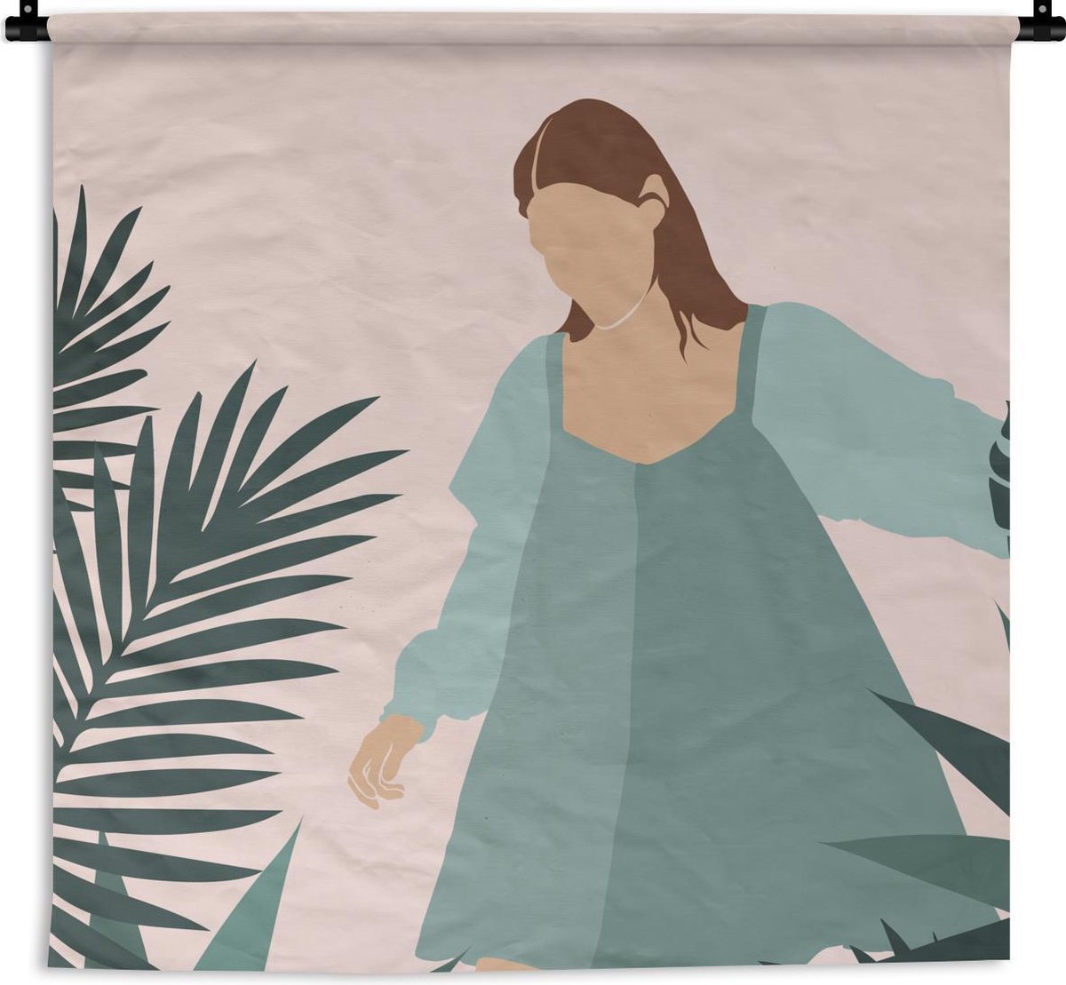Wandkleed - Zomer - Vrouw - Planten - 120x120 cm - Wandtapijt