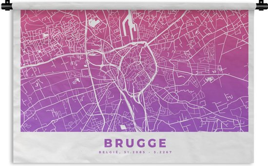 Wandkleed - Wanddoek - Stadskaart - Brugge - België - Paars - 120x80 cm - Wandtapijt - Plattegrond