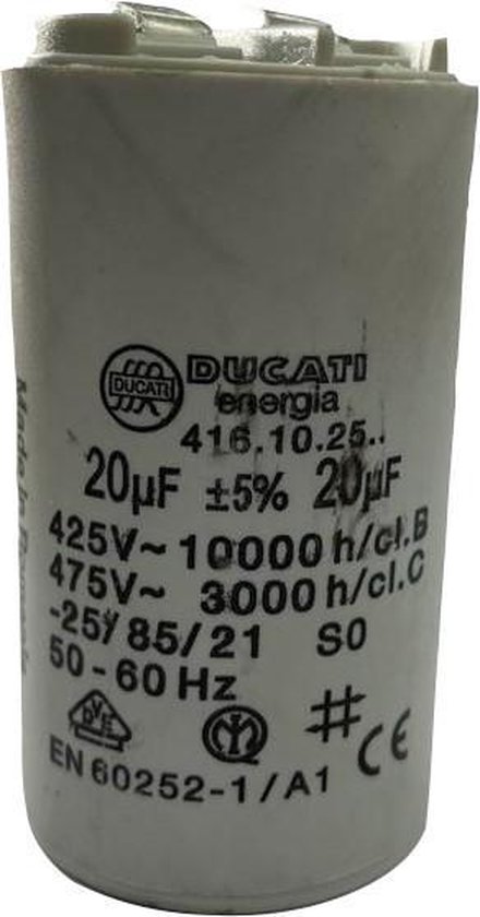 Witte Ducati Energia condensator met tekst 20µF ±5% 425V~ 10000h/cl.B.