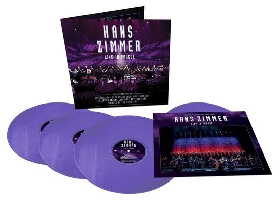 Paarse vinylplaten en albumhoes van 'Hans Zimmer Live in Prague'.