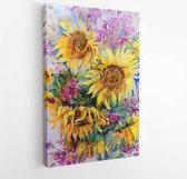 Abstracte helder gekleurde decoratieve achtergrond. Handgemaakt bloemmotief. Prachtig teder romantisch boeket van zonnebloemen, gemaakt in de techniek van aquarellen uit de natuur.
