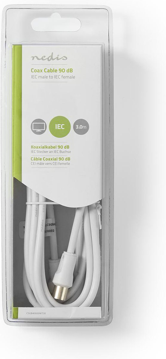 Câble Coaxial Nedis 90 DB 3 Mètres - Connecteurs IEC Mâle/femelle Coudés, Blanc, Neuf