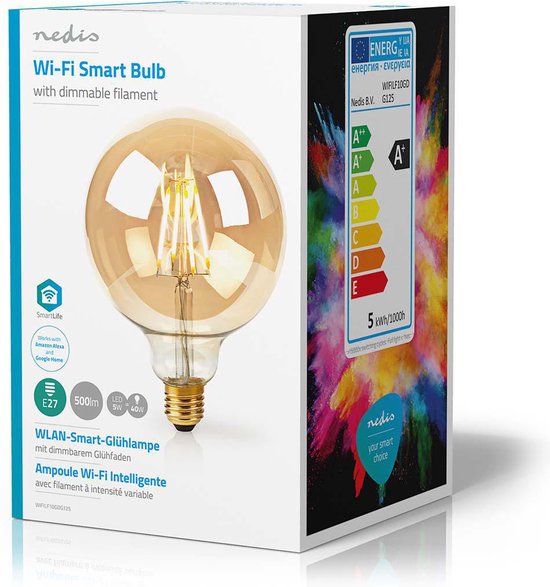 Nedis Wi-Fi Smart Bulb met dimbare filament, E27 fitting, 5W, 500lm, warm wit, amberkleurig glas.