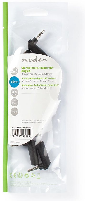 Nedis Stereo-Audioadapter - 3,5 mm Male - 3,5 mm Female - Vernikkeld - 90° Gehoekt - Metaal - Zwart - 10 Stuks - Polybag