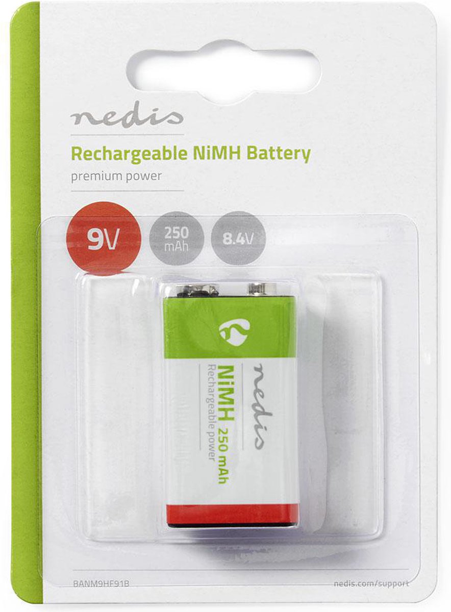 Nedis Oplaadbare NiMH-Batterij E-Block - 8.4 V DC - 250 mAh - Voorgeladen - 1-Blister - 6LR61 - Groen / Rood