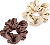 Navaris set van 2 scrunchies - 100% zijde - 2x scrunchie - Haarelastiekjes - Haarwokkels - Haaraccessoires - Voor paardenstaart en knot - Beige/Bruin
