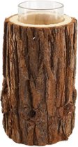 Kandelaars - theelichthouder hout met glas ø9.5x18cm - natural - 95x18x