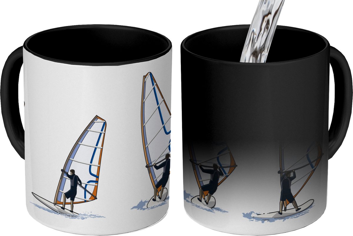 Magische Mok - Foto op Warmte Mokken - Koffiemok - Een illustratie van vier poses tijdens het windsurfen - Magic Mok - Beker - 350 ML - Theemok