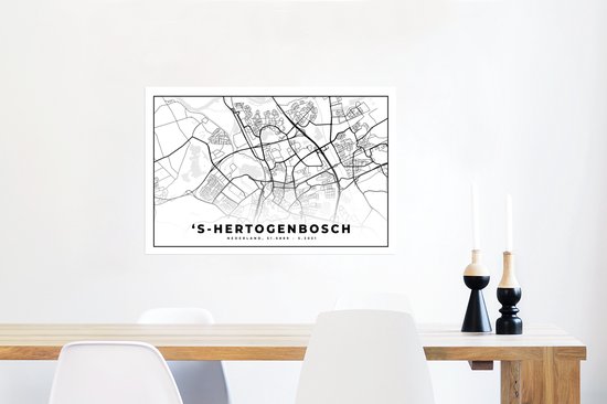 Affiche Carte - 's-Hertogenbosch - Zwart - Wit - 90x60 cm