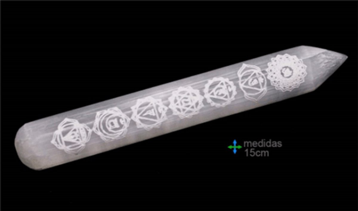Seleniet Massager met 7 Chakra - Seleniet staaf 15cm. - Selenite Wand