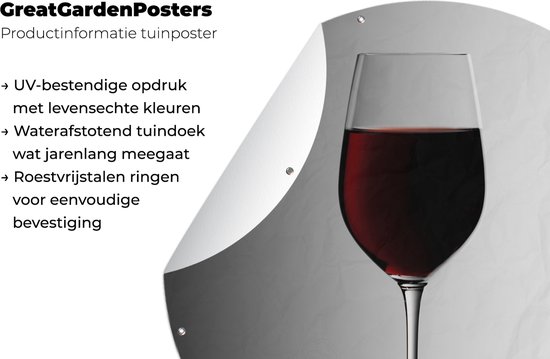 Rond tuinposter met glas rode wijn, productinformatie met tekst.