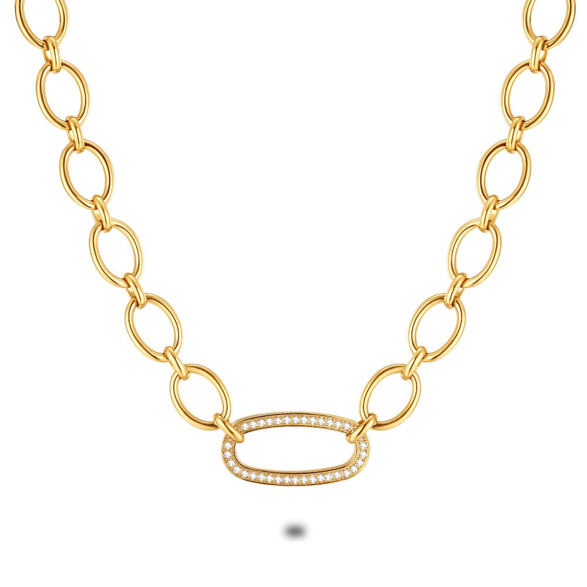 Twice As Nice Halsketting in goudkleurig edelstaal, ovale schakels, open ovaal met kristallen 45 cm+5 cm