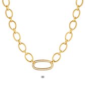 Twice As Nice Halsketting in goudkleurig edelstaal, ovale schakels, open ovaal met kristallen  45 cm+5 cm