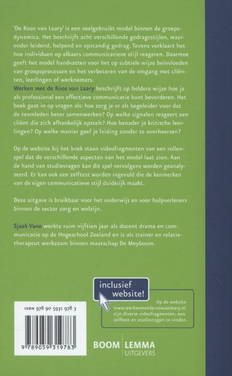 Achterkant van een boek met de titel "Werken met de Roos van Leary", ISBN-nummer en uitgever.