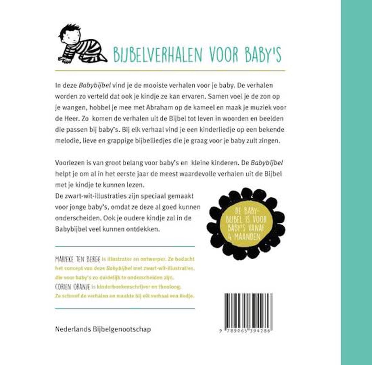 Achterkant van de Babybijbel met tekst en een zwarte bloem met gele tekst.