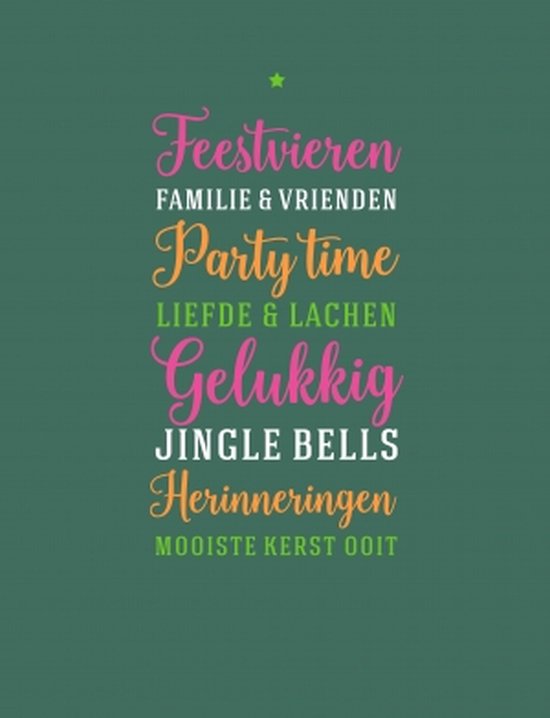 Kerst thema tekst op een donkergroene achtergrond, met woorden als 'Feestvieren', 'Party time', 'Gelukkig', 'Jingle Bells'.