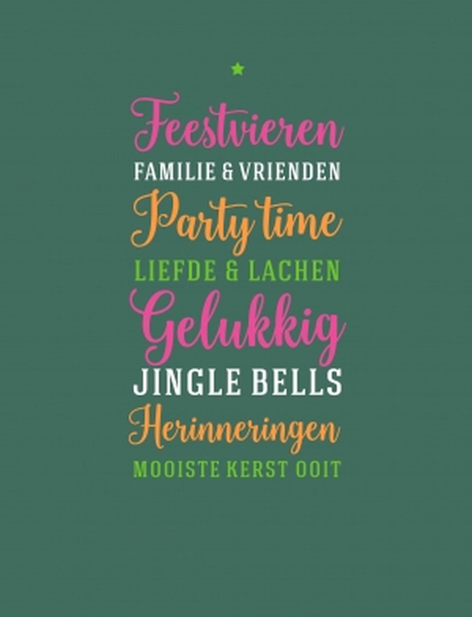 Kerst thema tekst op een donkergroene achtergrond, met woorden als 'Feestvieren', 'Party time', 'Gelukkig', 'Jingle Bells'.