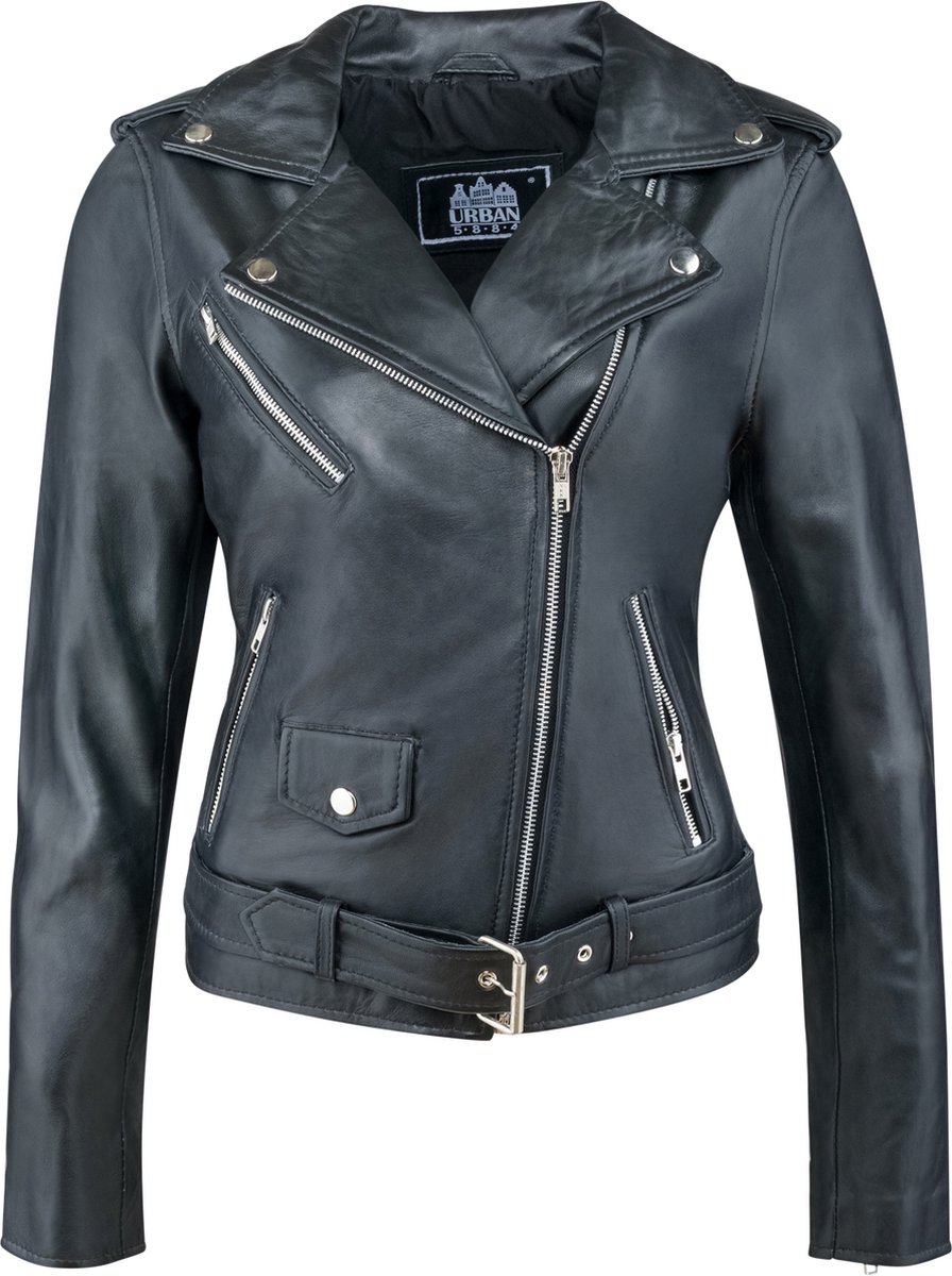 Urban 5884® - Alice - Damesjas - Perfecto - Schuin Rits - Zilver rits -Lams Leer - Zwart- Maat 2XL