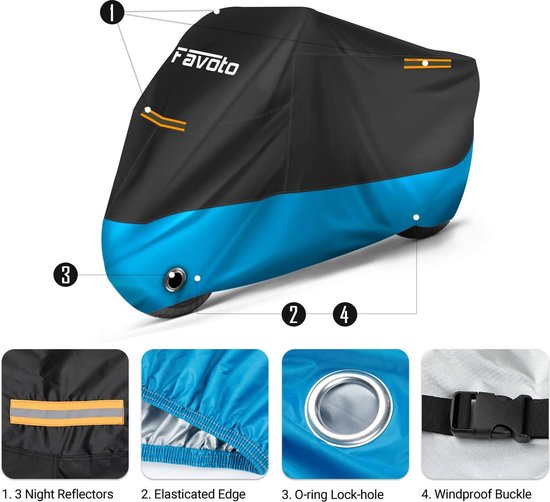 Favoto motorhoes 210D Oxford, afdekking voor motorfiets met voorruit, hoge reflecterende strepen, waterdicht, stofdicht, winddicht, beschermt tegen vogelpoep, zwart, 220x105x160cm