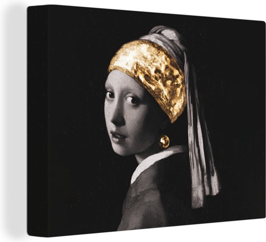 Canvas schilderij 160x120 cm - Wanddecoratie Meisje met de parel - Vermeer - Zwart - Wit - Goud - Muurdecoratie woonkamer - Slaapkamer decoratie - Kamer accessoires - Schilderijen