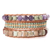 Marama - wikkel armband Earthy Pastels - bruin leer - Amethist en Jaspis - 50 cm - cadeautje voor haar