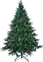 Kunstkerstboom 210 cm dennenboom dichte 900 punten met dennenappels en kerstbessen voor Kerstmis voor binnen en buiten, incl. kerstboomstandaard