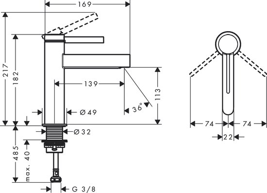 Technische tekening met afmetingen van een glanzende chroom wastafelkraan en afvoerplug.
