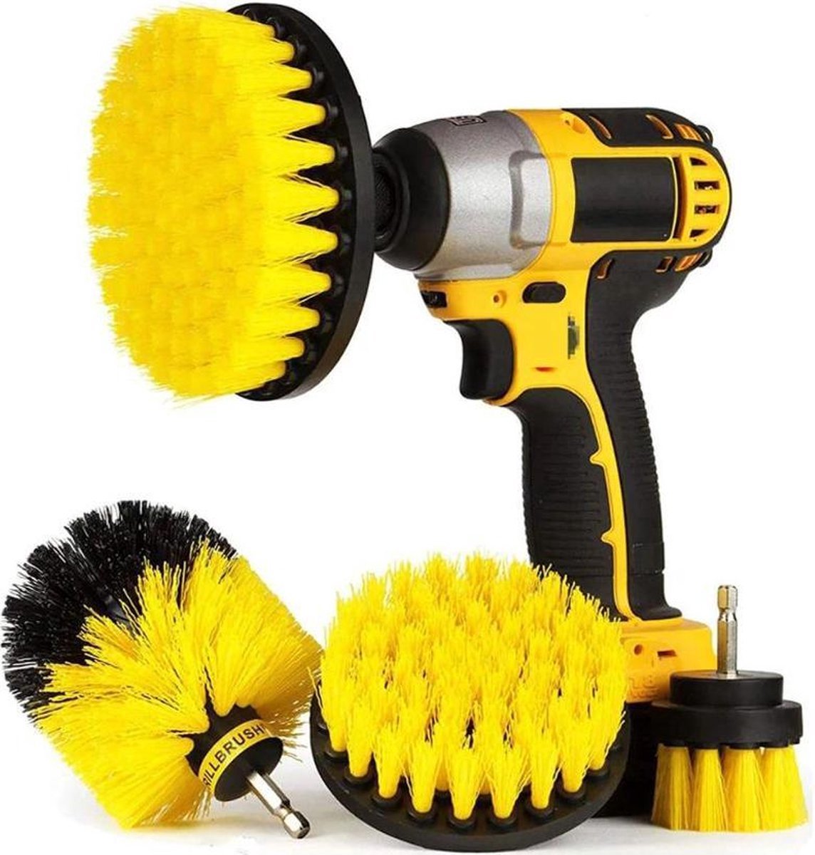 Goedkoopste 4 delige Borstelset voor Boormachine | Schrobborstel Opzetstuk | 4 maten Boorborstels | Reinigingsborstels voor Binnen en Buiten | 50mm / 100mm / 120mm / 89mm | Geel