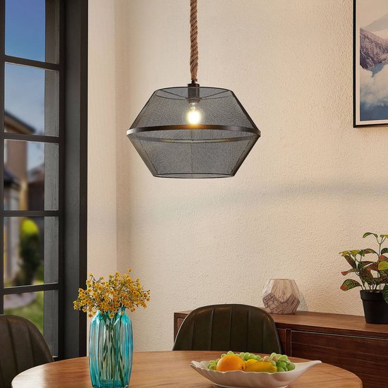 Lindby - hanglamp - 1licht - staal, hout - H: 20 cm - E27 - zwart, hout |  bol