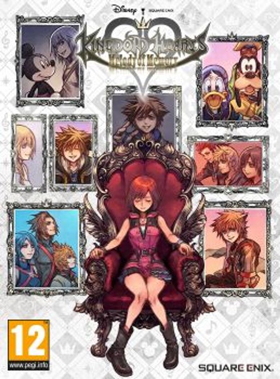 De cover van Kingdom Hearts: Melody of Memory toont Kairi zittend op een troon, omringd door portretten van andere personages.