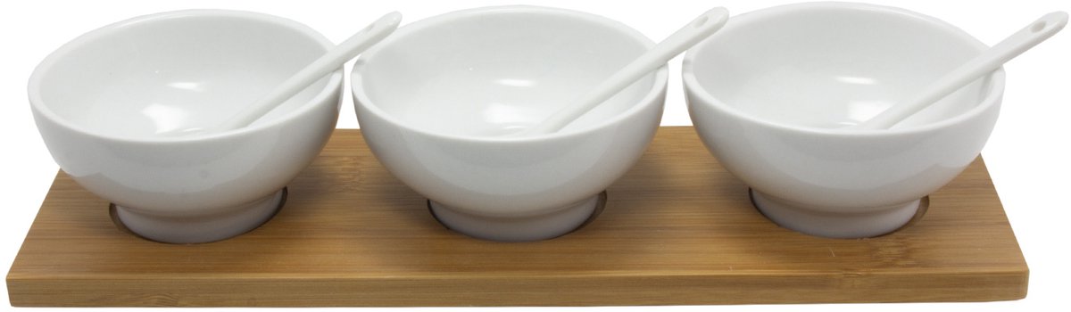 Sauzen Schaaltjes - Wit / Bruin - Hout / Porselein - 7-Delig - Met Plank