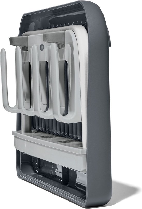 Porte-bouteilles de séchage gris foncé, avec les portes latérales fermées.