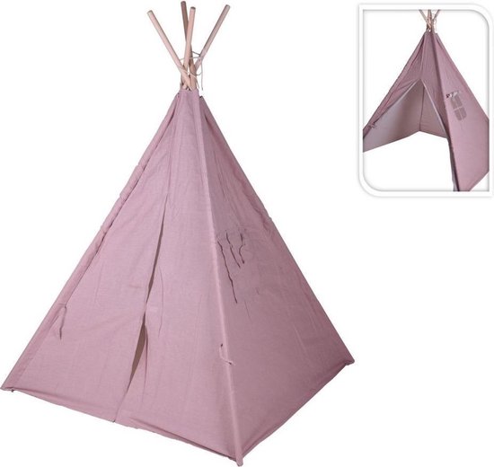 Roze tipi tent met houten stokken en raampjes. Deur is open.