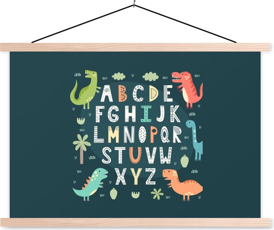 Posterhanger incl. Poster - Schoolplaat - Illustratie alfabet en dinosaurussen - 150x100 cm - Blanke latten