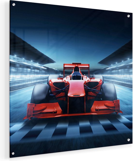 Artaza Glasschilderij - Formule 1 Auto bij de Finish - Rood - 50x50 - Plexiglas Schilderij - Foto op Glas