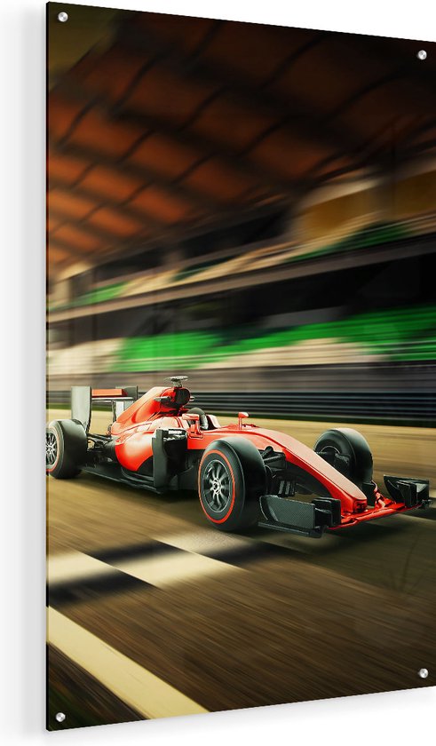 Artaza Glasschilderij - Formule 1 Auto bij de Finish in het Rood - 50x75 - Plexiglas Schilderij - Foto op Glas