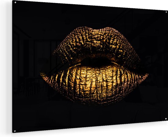 Artaza Glasschilderij - Gouden Lippen - 120x80 - Groot - Plexiglas Schilderij - Foto op Glas