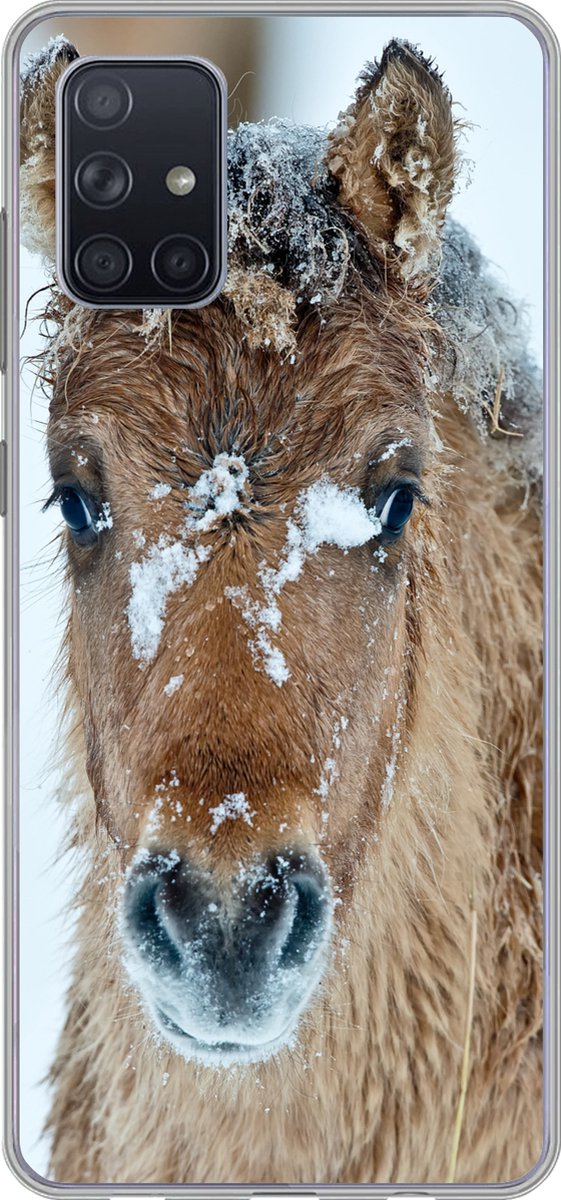 Telefoonhoesje Geschikt voor Samsung Galaxy A51 5G hoesje - Jong fjord paard bedekt met sneeuw - Siliconen Telefoonhoesje Telefoonhoesje