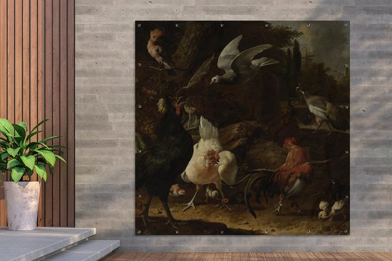 Tuinposter 200x200 cm - Tuindecoratie Vogels in een park - Schilderij van Melchior d'Hondecoeter - Poster voor in de tuin - Buiten decoratie - Schutting tuinschilderij - Tuindoek muurdecoratie - Wanddecoratie balkondoek
