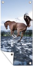 Tuinposter Bokkend paard in de waterplassen - 40x80 cm - Wanddecoratie Buiten - Tuinposter - Tuindoek - Schuttingposter - Tuinschilderij