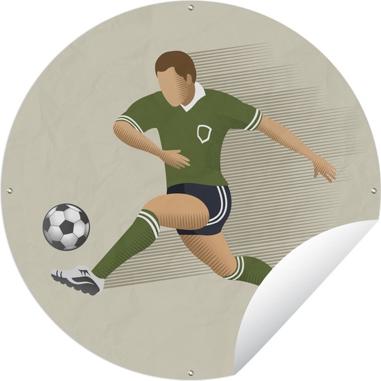 Tuincirkel Een illustratie van een persoon die een voetbal wegschiet - Meiden - Jongetjes - Kinderen - 60x60 cm - Ronde Tuinposter - Buiten