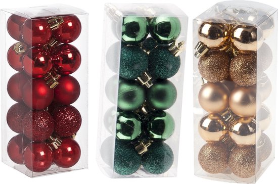 Petites décorations de Noël en plastique 60x set et boules de Noël de 3 cm en rouge-cuivre-vert - Pour les petits sapins de Noël