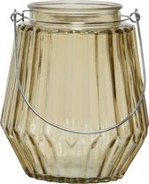 Theelichthouders/waxinelichthouders streepjes glas taupe met metalen handvat 11 x 13 cm - Windlichtjes/kaarsenhouders